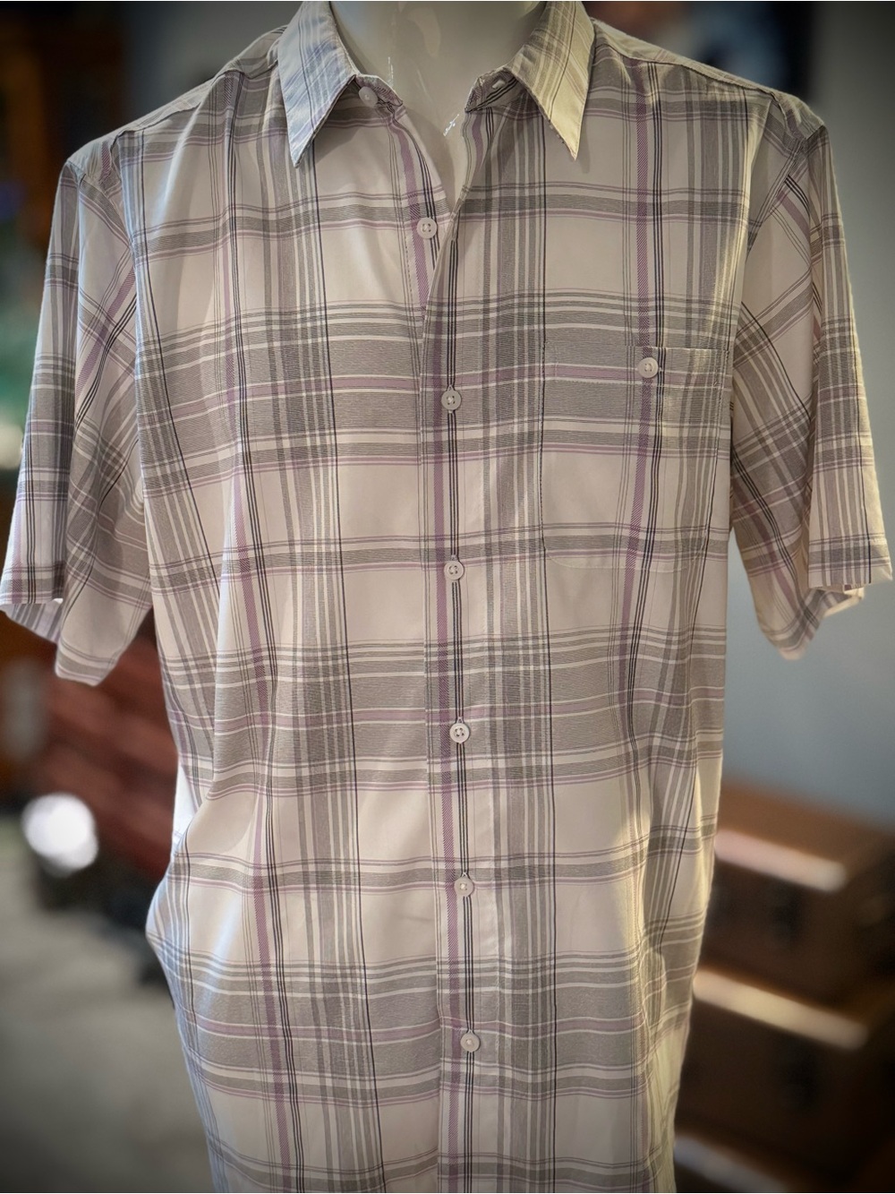 George Men's Short-Sleeve Plaid Button-Down Shirt - White & Light Purple